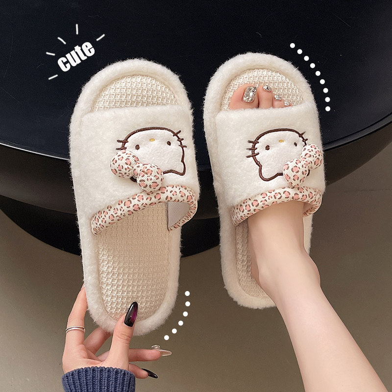 可爱猫咪亚麻拖鞋女春秋季室内居家用软底木地板防滑棉麻一字拖鞋