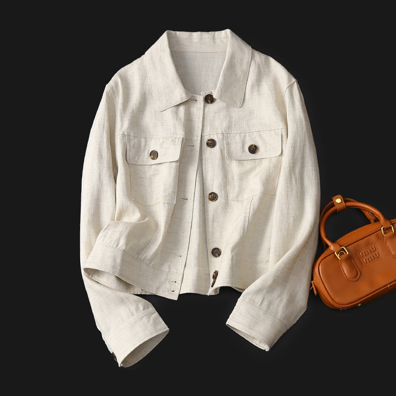淘么淘 百搭极简风 透气天丝亚麻宽松翻领双口袋长袖外套夹克女新