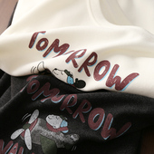 淘么淘 小众百搭飞机字母印花磨毛圆领落肩长袖 保暖内搭上衣t恤女