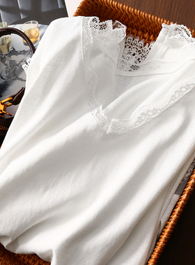 淘么淘【五分甜】简约细节美宽松镂空刺绣蕾丝拼接V领长袖打底T恤