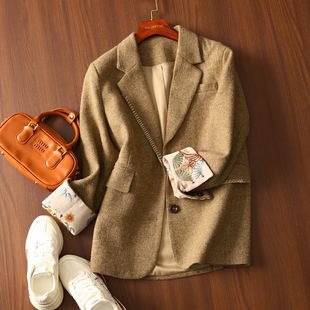 新款 淘么淘 外套春季 小个子廓形翻领羊毛粗花呢西装 落日沙丘 经典