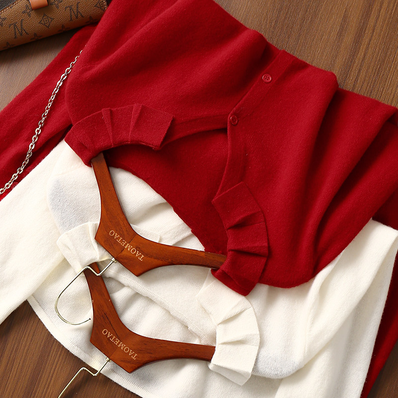 淘么淘【心动信号】气质出挑荷叶花边V领羊毛长袖针织开衫女春款,女装/女士精品,毛针织衫,淘宝优惠券,粉丝福利购,淘宝优惠卷