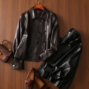 式 冷翠油蜡绵羊皮翻领衬衫 皮衣外套女 篙级感 淘么淘 扑面而来