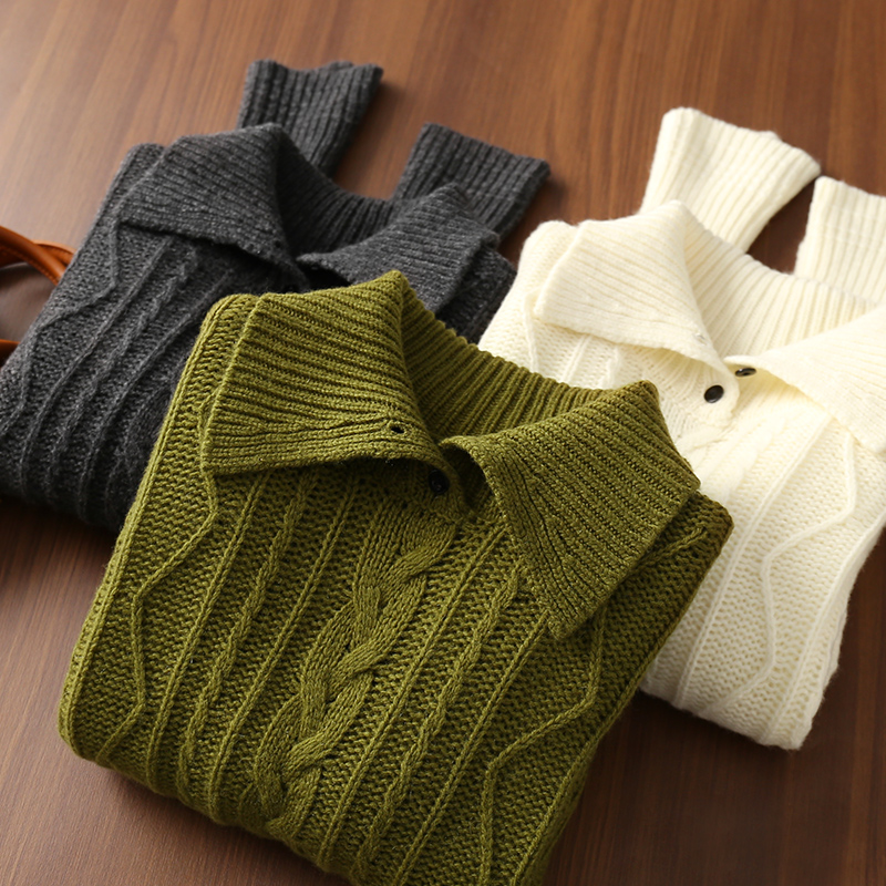 淘么淘 笈简row！纯羊毛气质大翻领麻花上衣针织衫毛衣女冬季新款