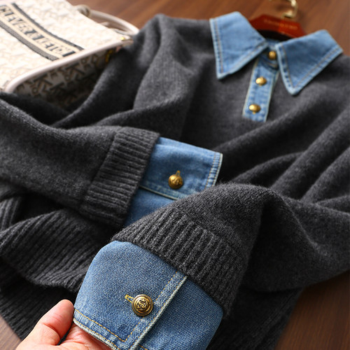 淘么淘 时髦不费力 叠搭假两件牛仔拼接翻领宽松羊毛针织衫毛衣女