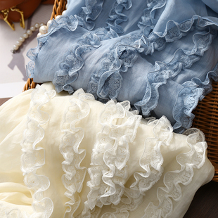 淘么淘 纯苎麻拼网纱木耳花边V领上衣衬衫 女新款 邂逅春日浪漫