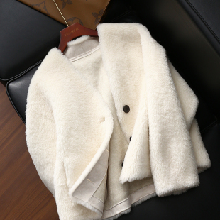 淘么淘「奢美矜贵」纯羊毛仿皮毛一体羊羔毛宽松V领短款 皮草外套