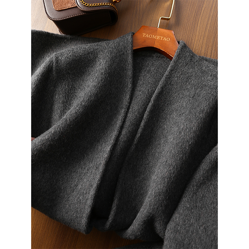 淘么淘 精尖气质！羊绒+羊毛+抗起球V领抽绳收腰双面呢大衣外套女