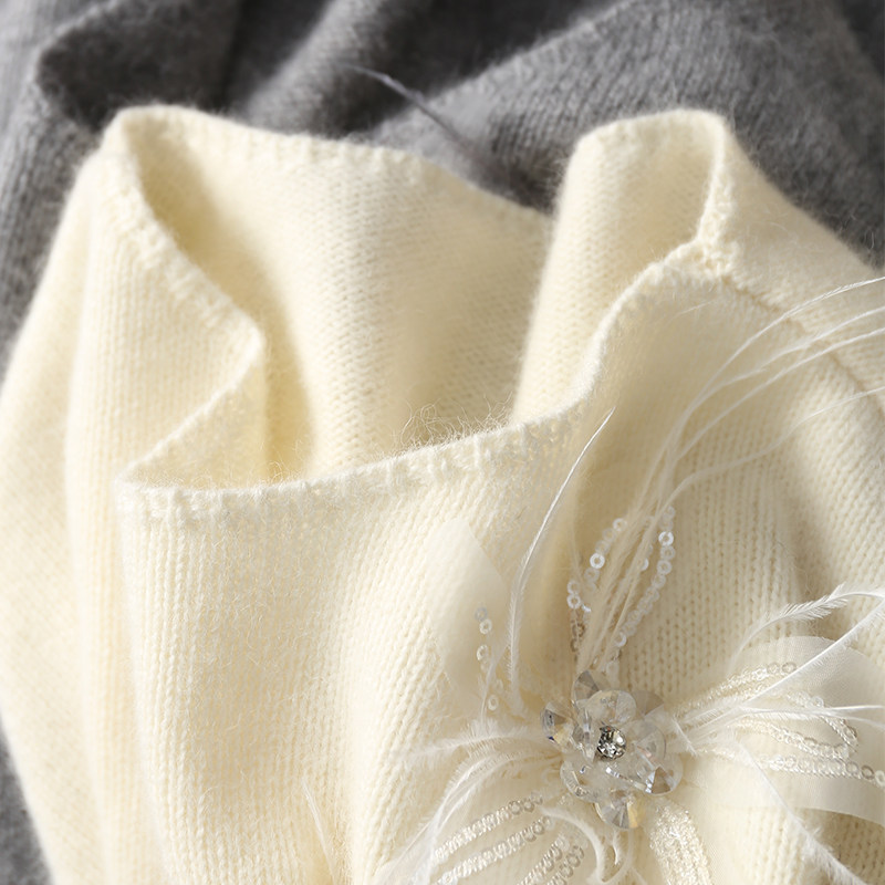 淘么淘 轻熟法式风 重工钉珠网纱花朵刺绣柔软羊驼毛羊毛针织衫女