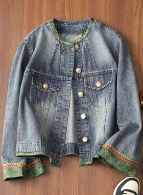 淘么淘 新中式率性look！纯棉印花拼接圆领盖袋牛仔外套女早春款