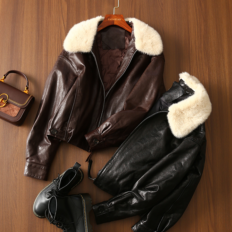 淘么淘【贵价感】半植鞣绵羊皮水貂毛翻领白鹅绒皮羽绒服外套女冬