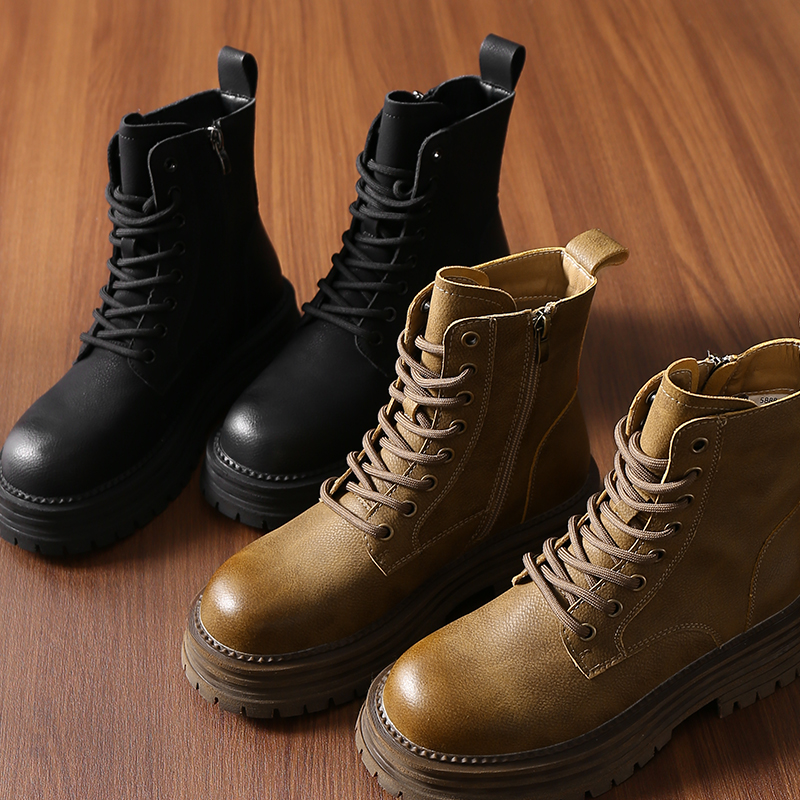 淘么淘 复古时髦 英伦风牛皮擦色八孔真皮系带厚底增高马丁靴女冬