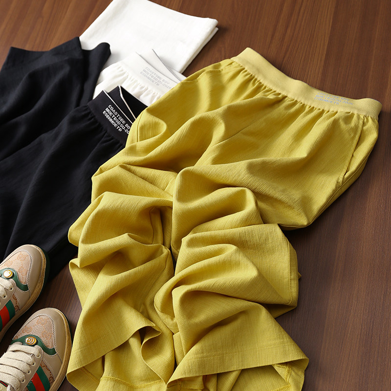 淘么淘 凉感麻麻裤 甄选亚麻天丝字母提花松紧高腰休闲阔腿直筒裤