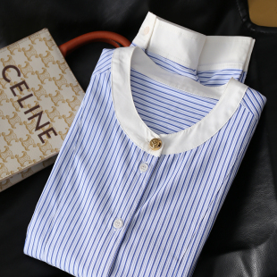 长袖 撞色拼接色织条纹圆领短款 衬衫 女26春季 淘么淘 新款 清新减龄