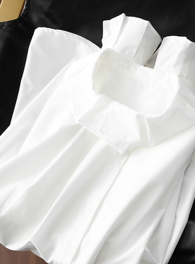 淘么淘 法式浪漫 甜美压褶荷叶花领水洗棉宽松白色衬衫女春季新款