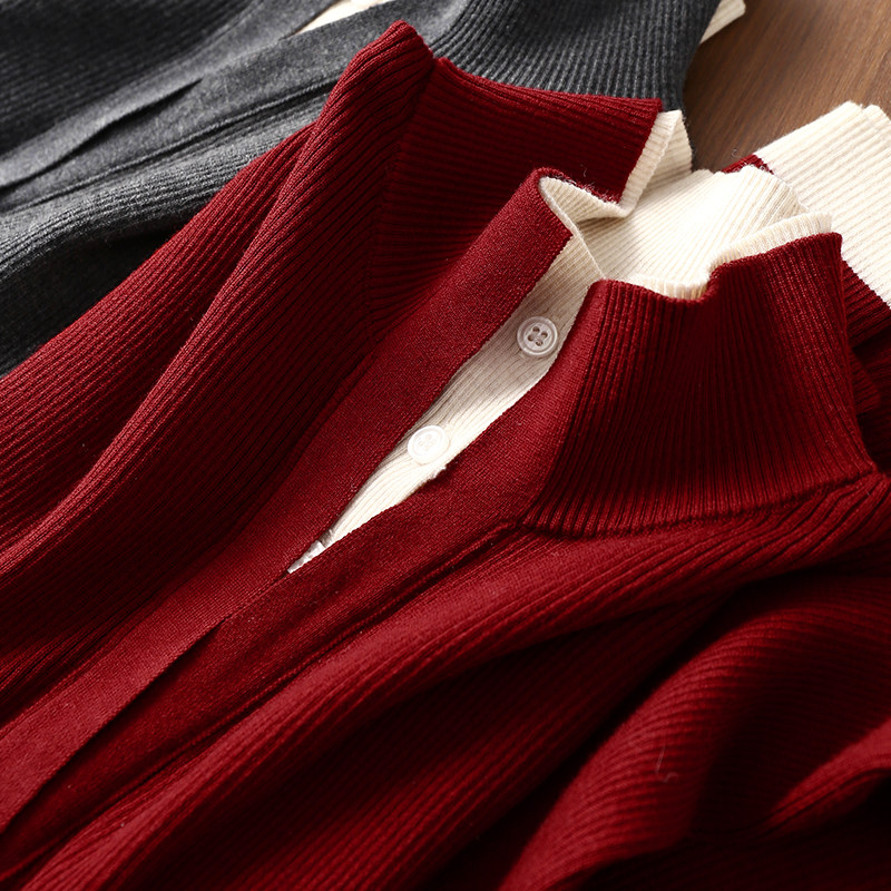 淘么淘 时髦【C】位 撞色假两件真丝羊毛半开襟立/翻领针织衫春款