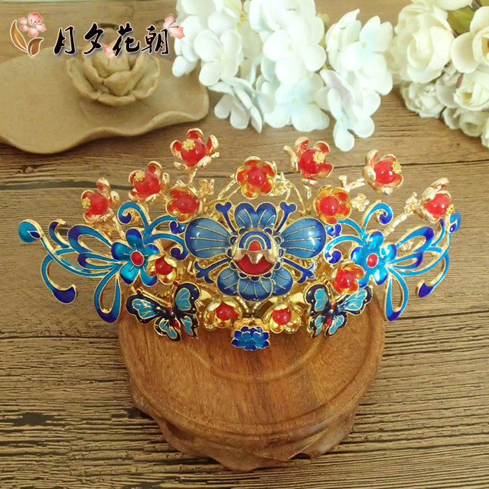 雀灵景泰蓝海棠花汉服配饰烧蓝莲花古风发冠复古蝴蝶新娘发饰