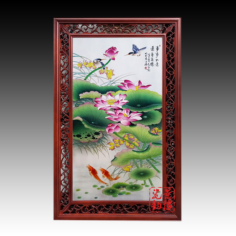 景德镇陶瓷器名家手绘瓷板画写意荷花花鸟四条屏装饰家居客厅摆件