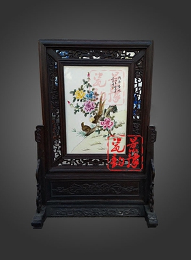 手绘花鸟中式风仿古摆件瓷板画