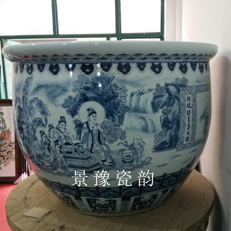 包邮景德镇陶瓷特大手绘青花聚宝盆1米以上荷花锦鲤风水鱼缸花盆
