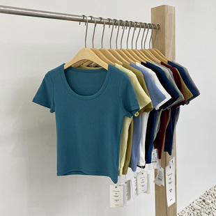 新款 1夏季 低领短袖 T恤女韩版 显瘦百搭外穿纯色上衣 元 修身 熙3042