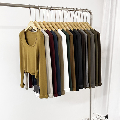 纯色U领加绒短款打底衫女