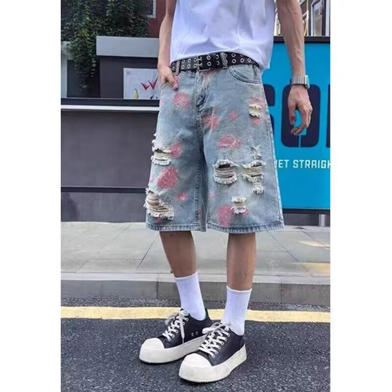 花卉破洞牛仔短裤男款夏季小众设计感裤子美式高街vibe休闲五分裤