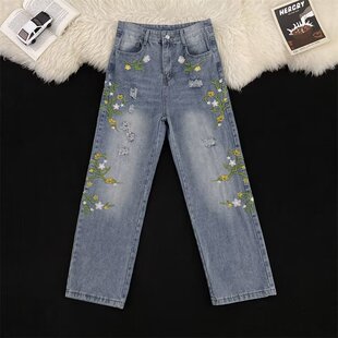 花卉刺绣破洞牛仔裤男女款秋季潮牌水洗直筒裤百搭高街阔腿长裤子