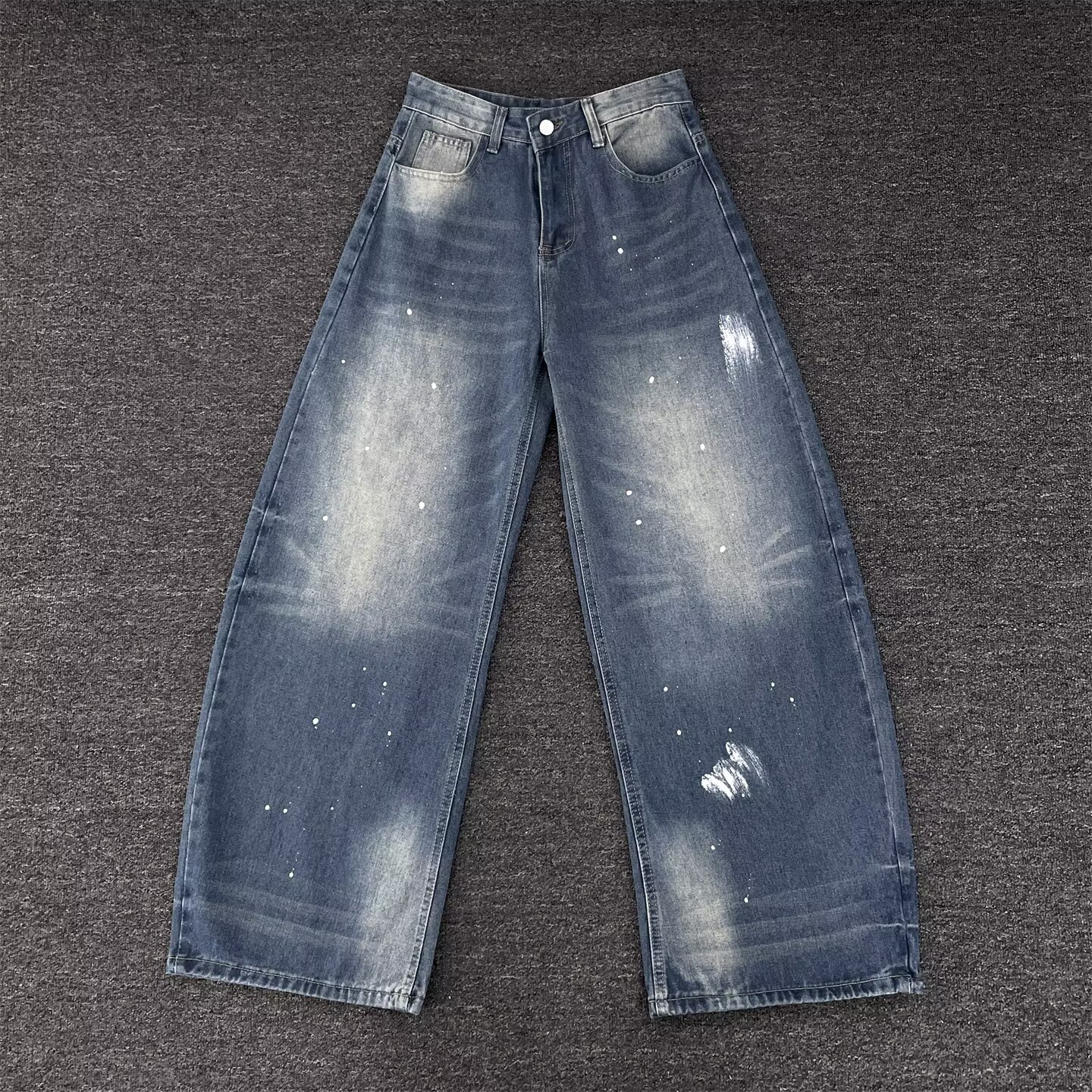 复古泼墨弯刀牛仔裤阔腿拖地长裤