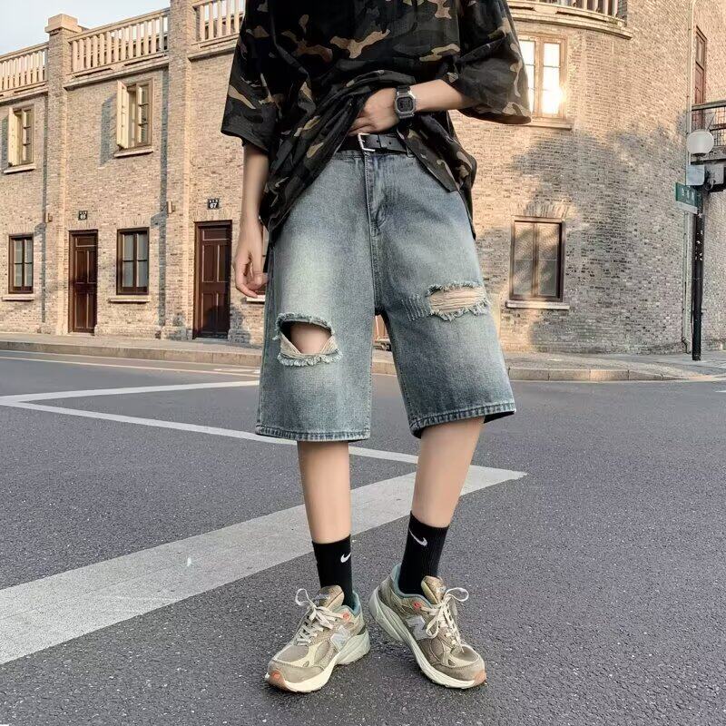 破洞牛仔短裤男夏季直筒五分裤