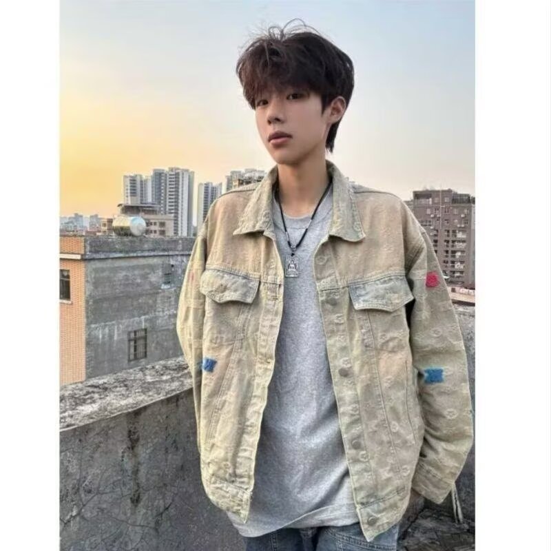 网红美式街头黄泥水洗做旧复古牛仔衣男女宽松潮牌提花夹克外套