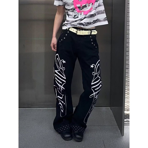 高街水洗黑字母波点男女牛仔长裤