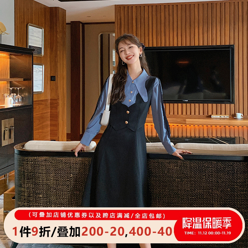 五季家大码女装2023年新款时尚连衣裙秋装假两件别致翻领撞色裙子