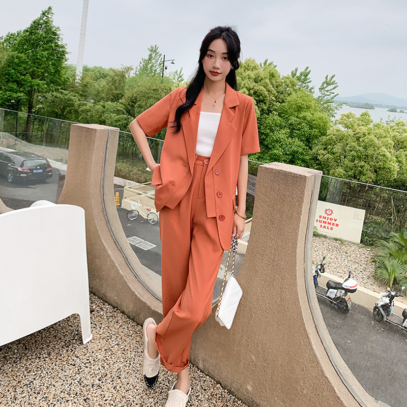 五季家大码女装2023年新款夏装时尚职业套装中长款西装外套休闲裤