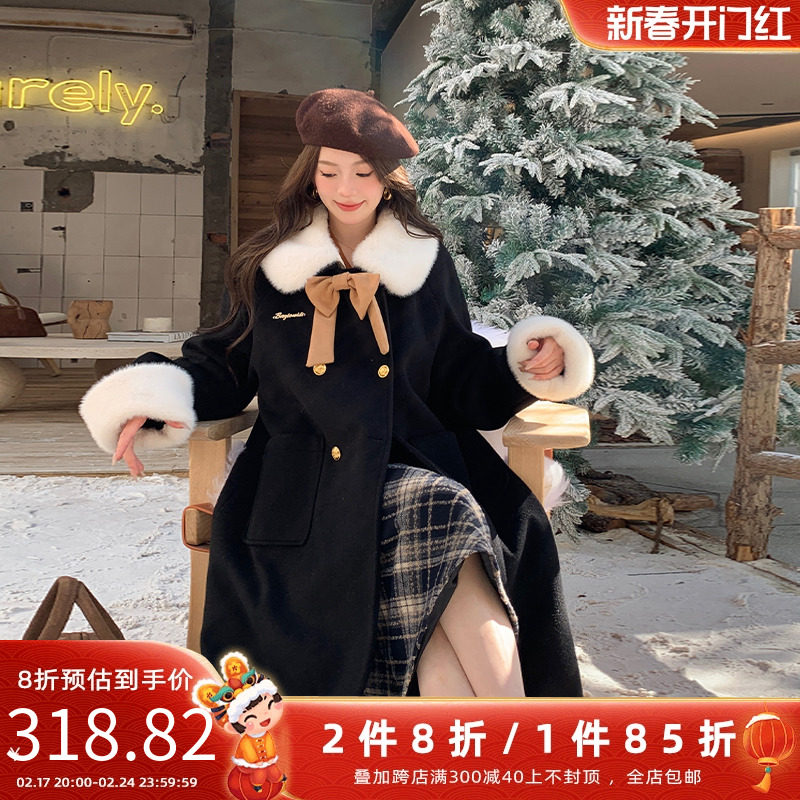 两件八折五季家大码女装胖mm2023年新款冬装毛边蝴蝶结撞色大衣