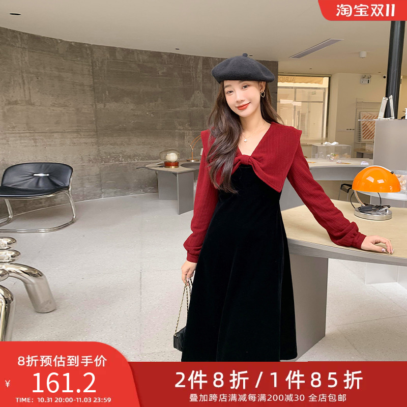 两件八折五季家大码女装2023年新款秋装轻熟蝴蝶结领口撞色连衣裙
