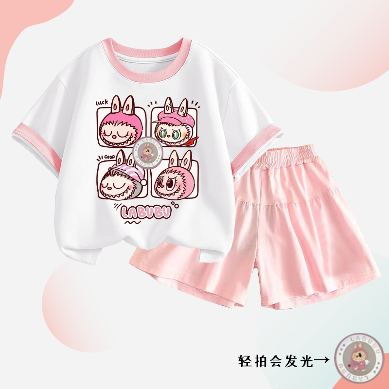 发光拉布布女童纯棉短袖套装夏季卡通轻拍亮灯儿童洋气两件套装服