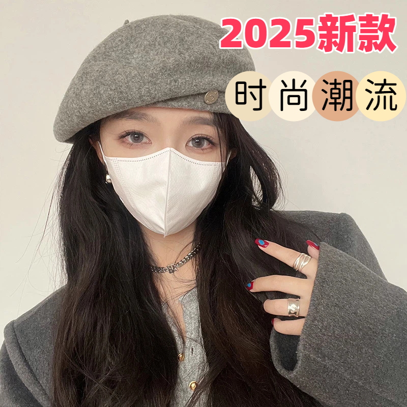 女士冬帽新款时尚羊毛呢大头围贝雷帽子韩版网红显脸小保暖画家帽