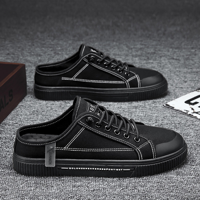 半拖鞋男夏季透气帆布男鞋纯黑色潮流半托一脚蹬懒人布鞋夏天潮鞋