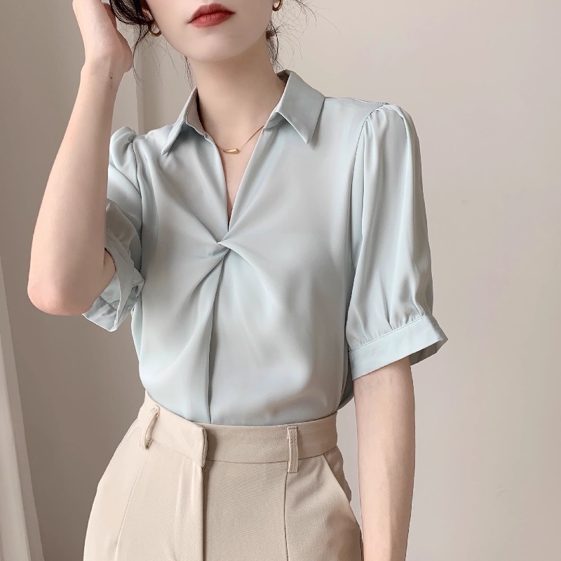 清仓反季捡漏品牌折扣女装v领雪纺衬衫短袖韩版职业通勤衬衣上衣