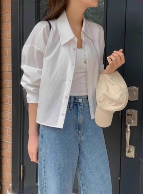 清仓反季秒杀品牌折扣店女装白色长袖防晒衬衫女洋气短款上衣开衫