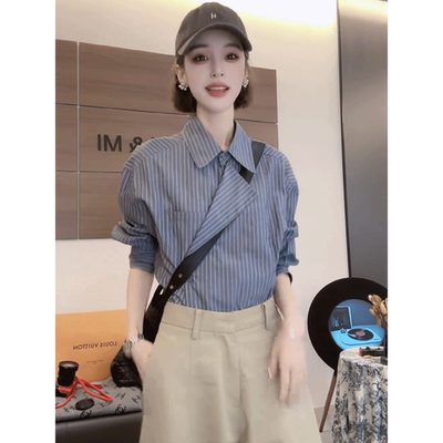 条纹衬衫女长袖春秋女装港风复古休闲慵懒风衬衣宽松气质内搭上衣