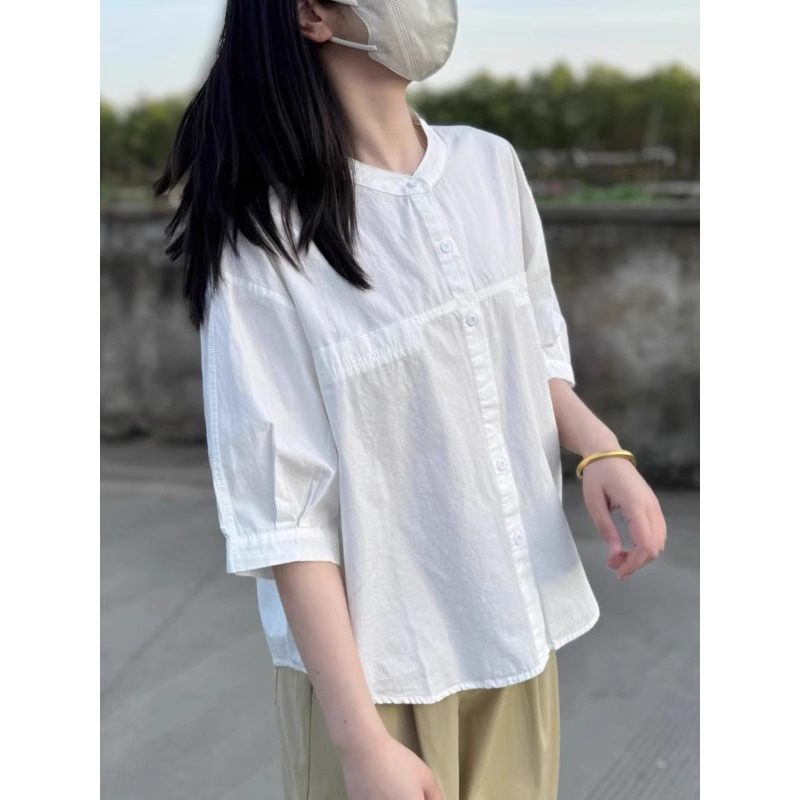 清仓秒杀品牌折扣店日系衬衫女短袖设计感小众上衣五分袖白色衬衣