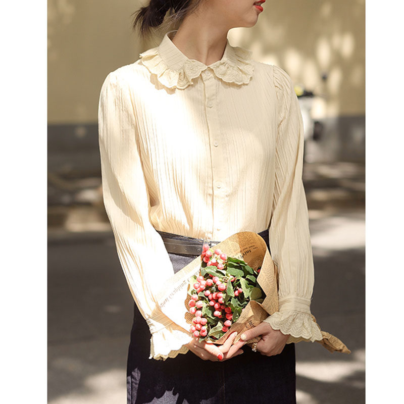 清仓捡漏品牌折扣专柜撤柜外贸女装荷叶领衬衫女长袖春秋别致上衣