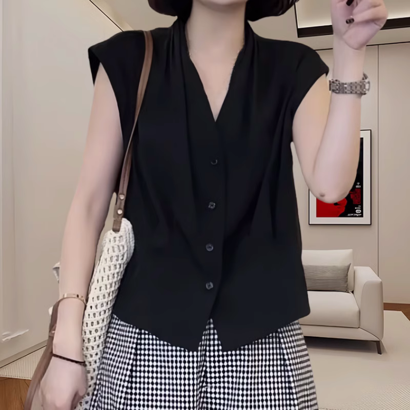 清仓秒杀品牌折扣店黑色雪纺衬衫女夏季无袖打底背心轻熟遮肉上衣