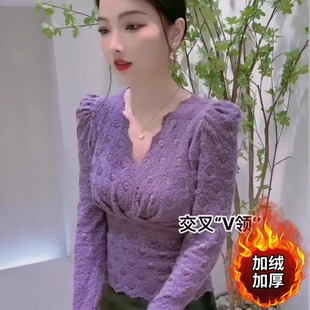 清仓反季 性感v领蕾丝上衣 捡漏品牌折扣店女装 加绒加厚名媛打底衫