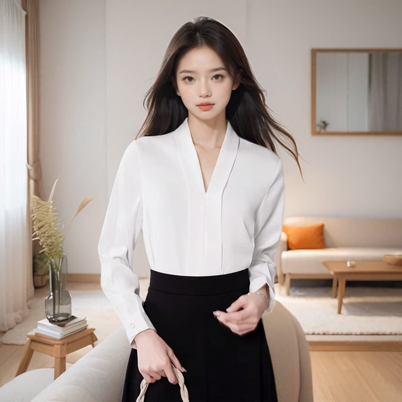 高级感白色V领雪纺衬衫女