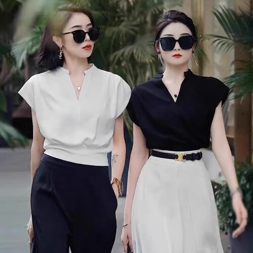 无袖衬衫女夏季复古时尚V领修身