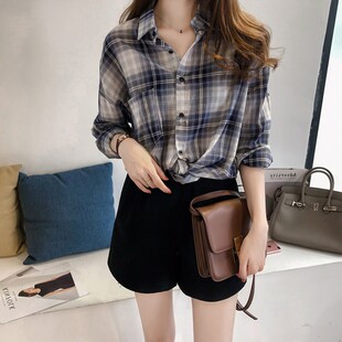 宽松bf打底上衣 女长袖 清仓捡漏一线大品牌折扣店专柜女装 格子衬衫