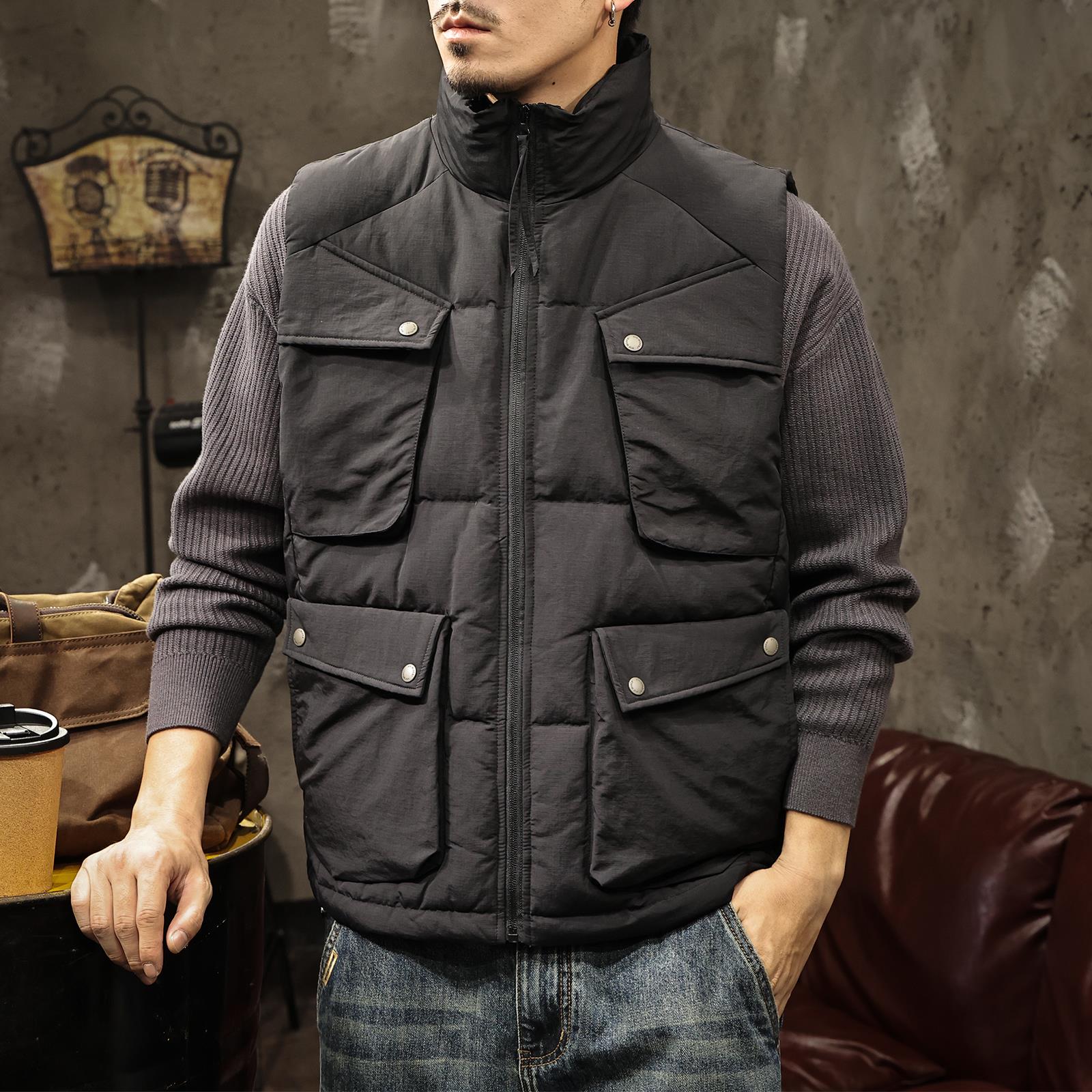 2025春季大码大口袋工装羽绒马甲男潮流立领轻薄90白鸭绒上衣外套